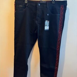 Slim Black Jeans with Red Geometric Stripe